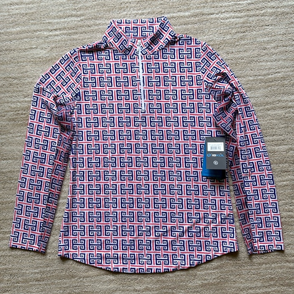 NWT IBKÜL Zip Mock Neck Geo Key Print 1/4 ZIP Polo Long Sleeve Top Size Small